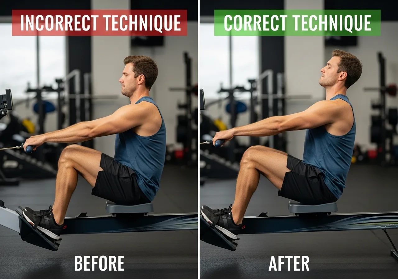 rowing mistakes banana back elbow first arm pull damper setting errors