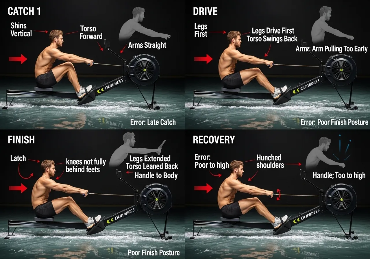 rowing stroke four phases catch drive finish recovery technique guide