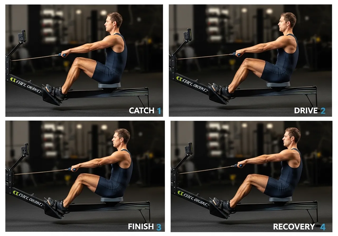 rowing technique four phases catch drive finish recovery stroke sequence