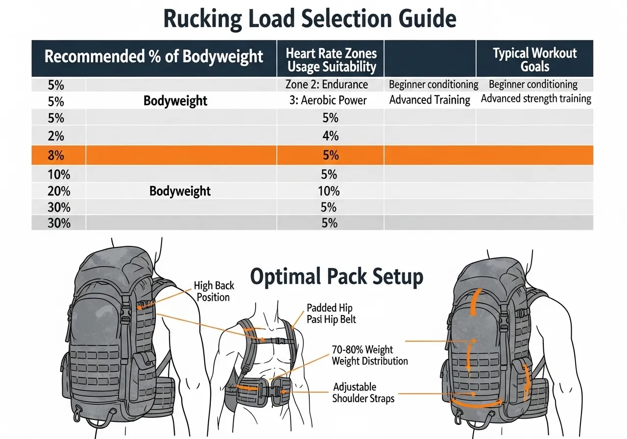 rucking load selection guide table percentage bodyweight heart rate zones pack setup terrain effects