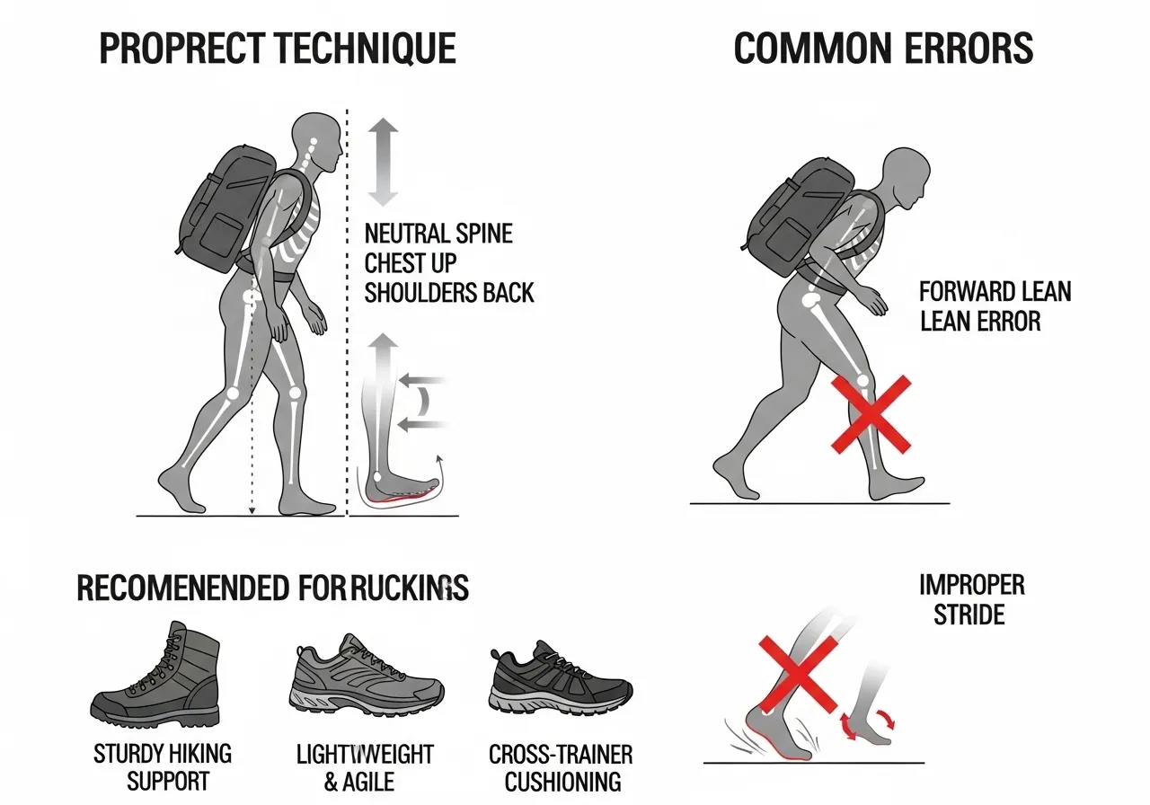 rucking technique posture neutral spine stride mechanics footwear foot strike load carriage safety
