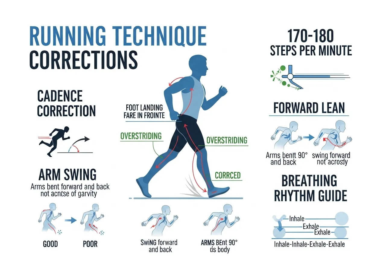 running technique guide showing four elements overstriding fix cadence 170-180 forward lean arm swing breathing pattern corrections