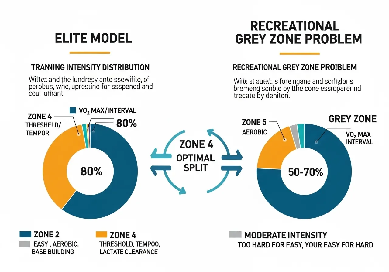 running training zones infographic showing elite runner intensity distribution easy moderate hard percentage time zone 2 dominant model