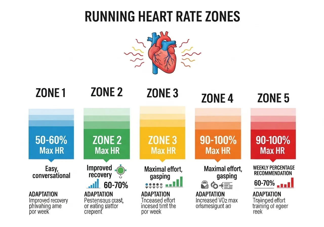 running zone training table showing five zones percent max HR breathing feel primary adaptation recommended weekly percentage
