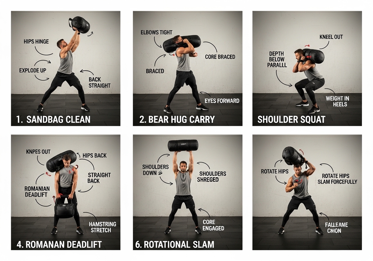 sandbag 6 exercises clean bear hug carry shoulder squat RDL overhead press rotational slam