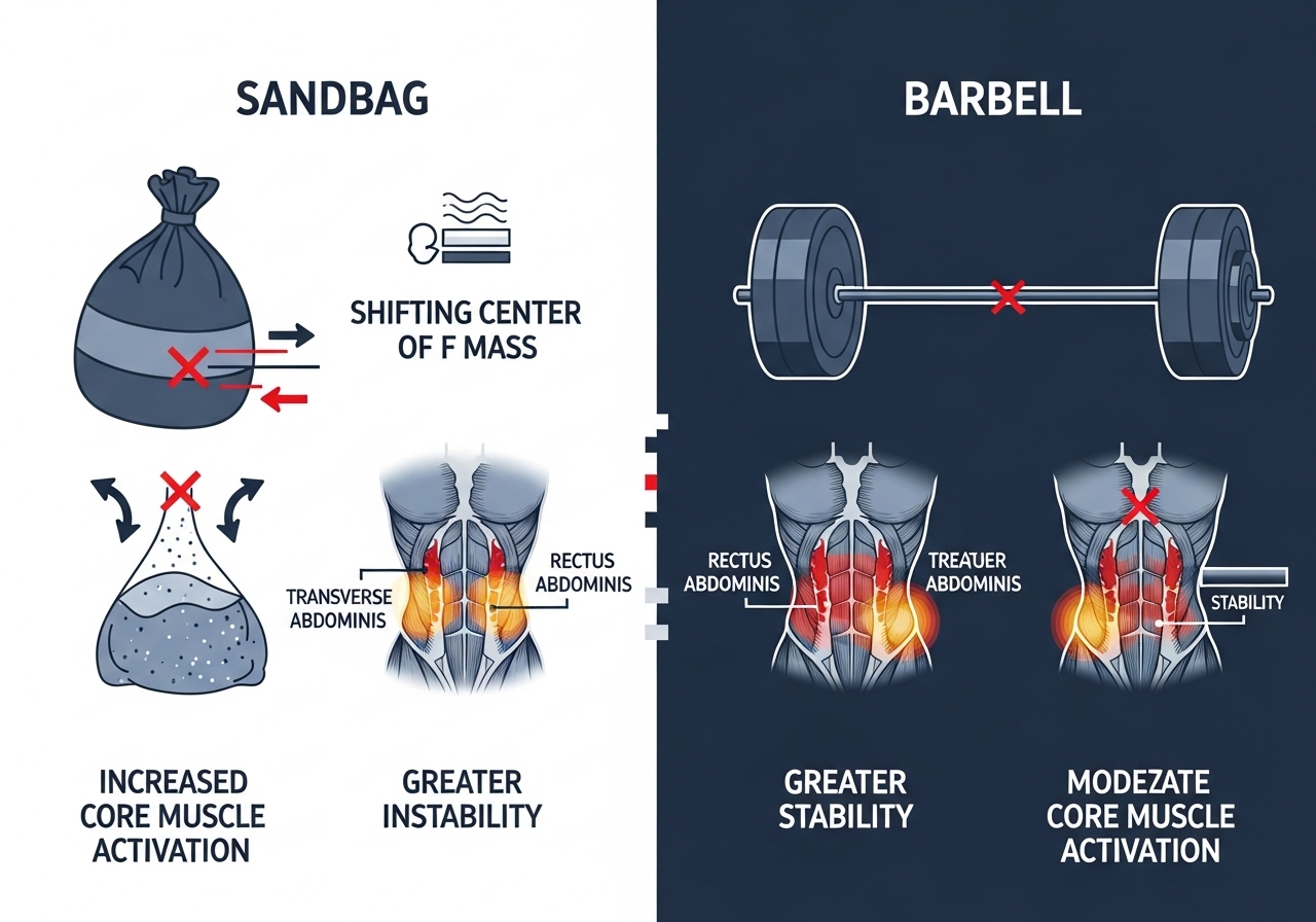 sandbag unstable load core activation research comparison barbell
