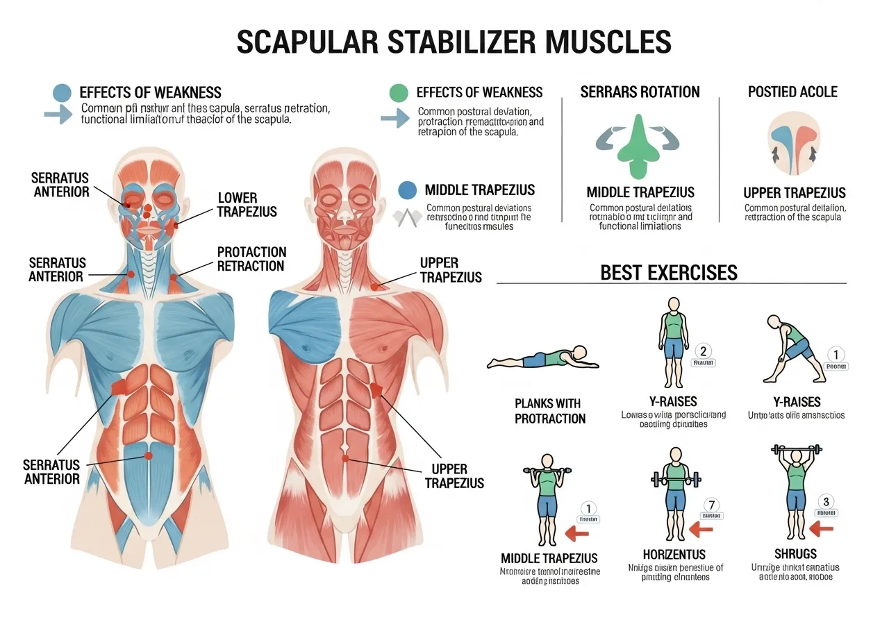 scapular anatomy diagram showing four stabiliser muscles serratus anterior lower trapezius middle trapezius upper trapezius primary actions weakness effects