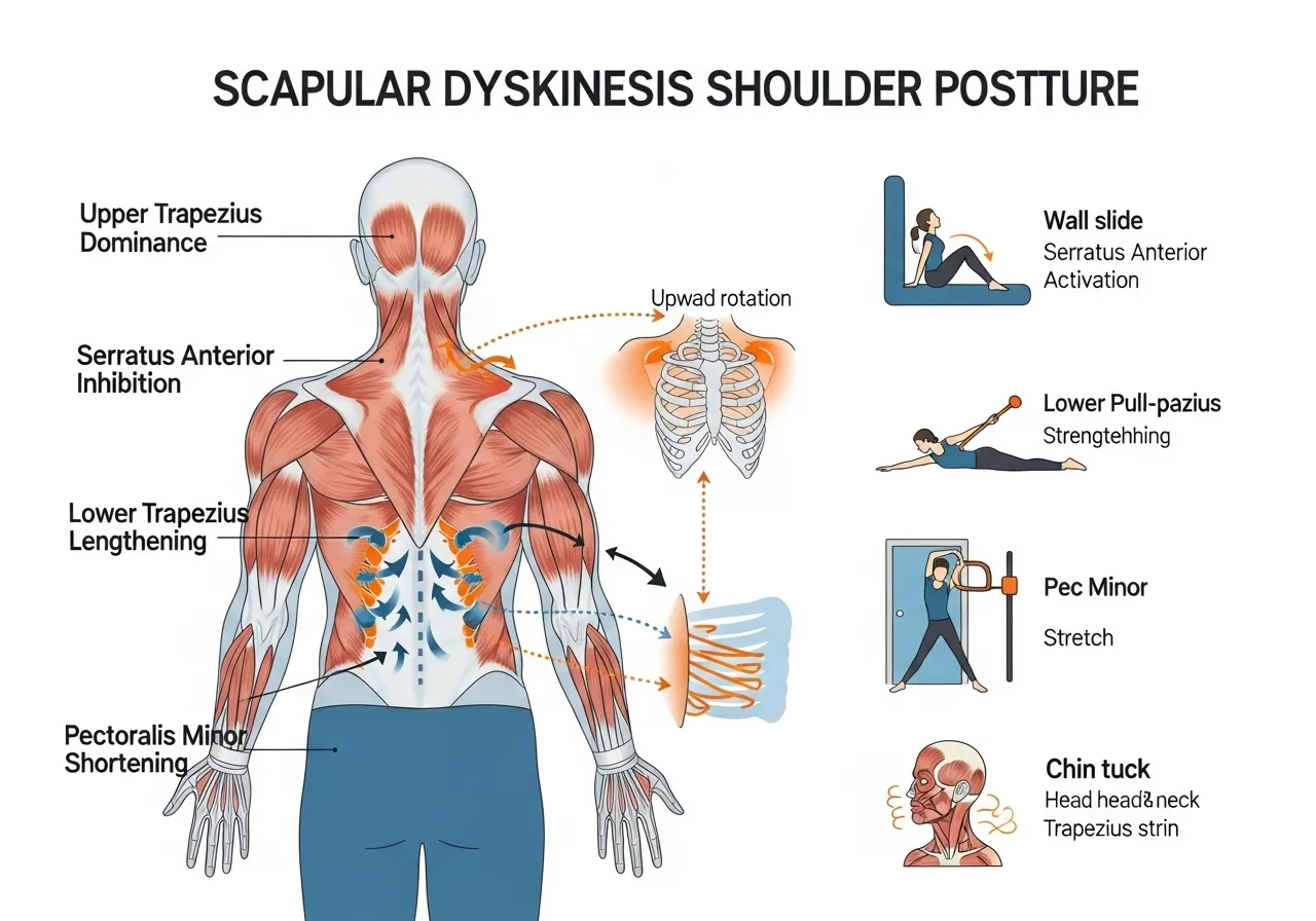 scapular dyskinesis posture guide showing upper trap dominance problem sedentary work muscle imbalances anterior tilt internal rotation corrections