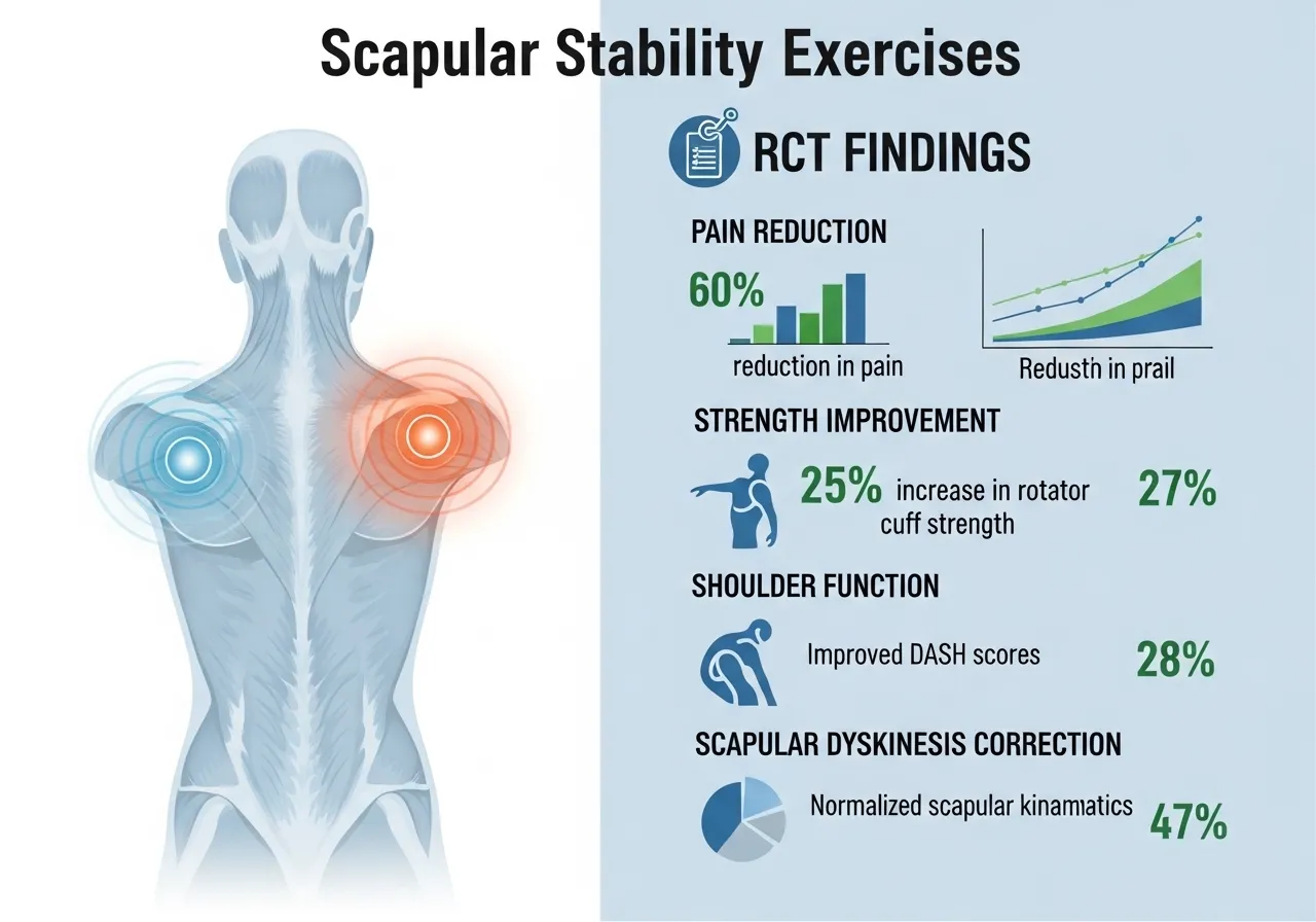 scapular stability research infographic showing scapular stabilisation exercises RCT results pain reduction strength improvement shoulder function outcomes