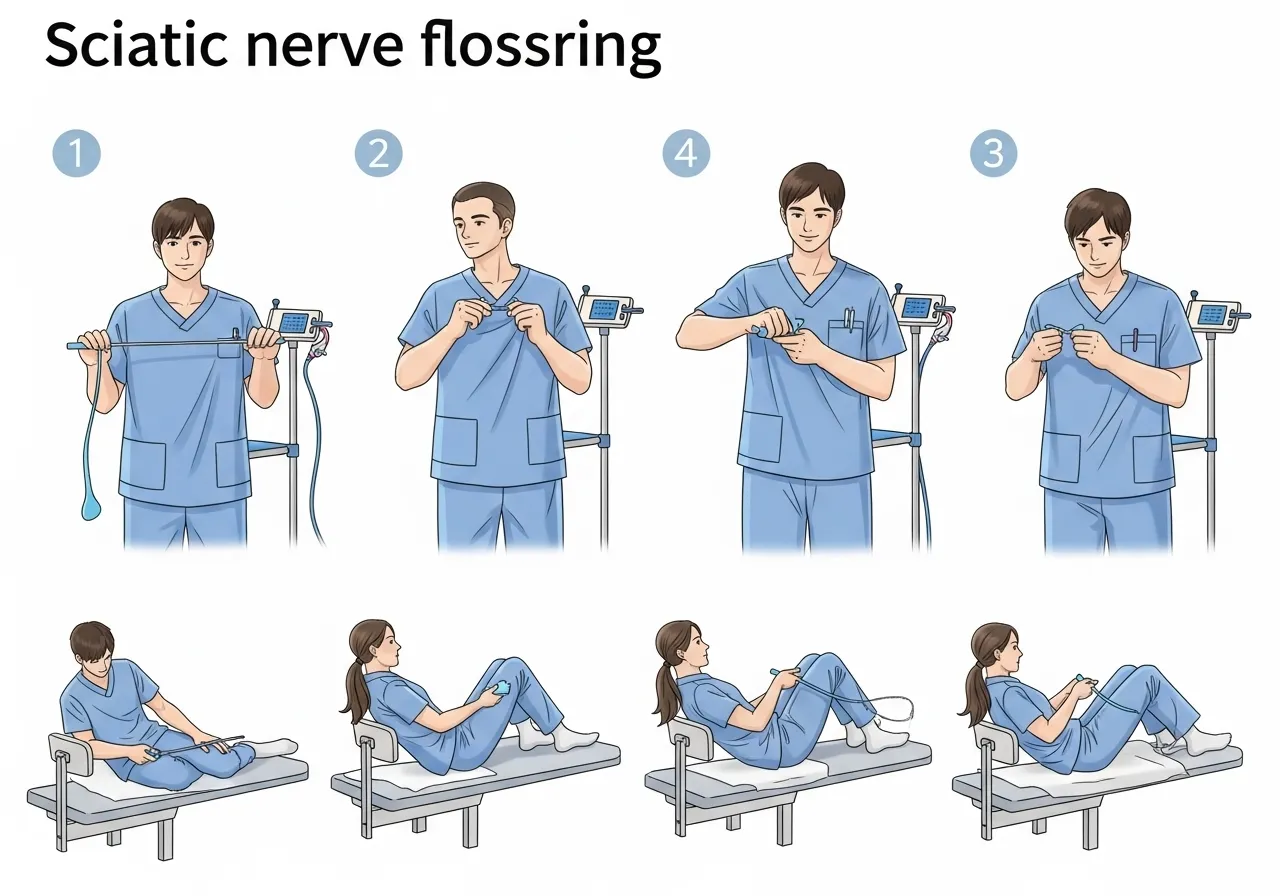 sciatic nerve flossing four techniques supine seated standing tensioner progression criteria key points