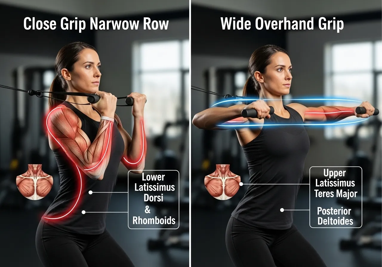 seated row elbow path grip variations back muscle emphasis