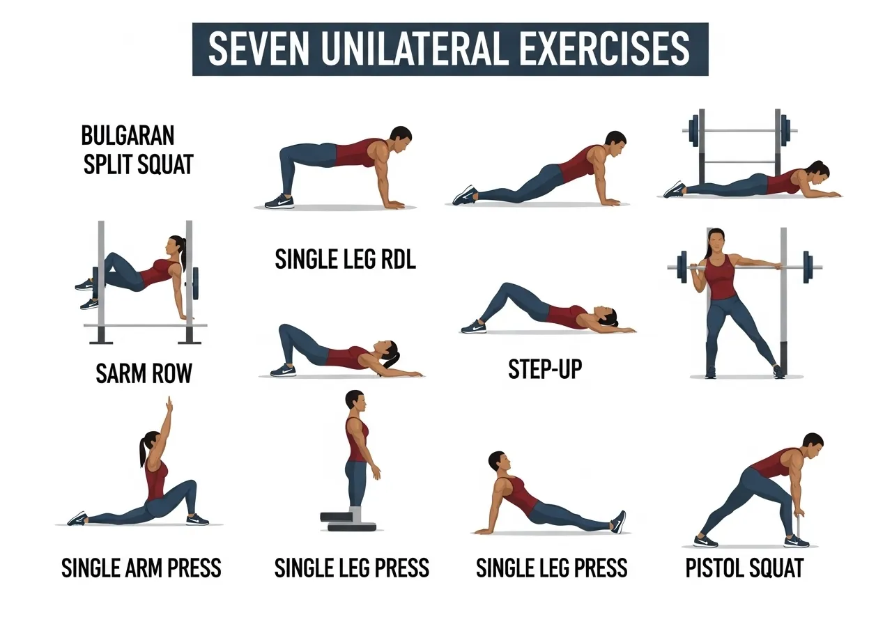 seven unilateral exercises Bulgarian split squat single leg RDL row step up press pistol squat technique