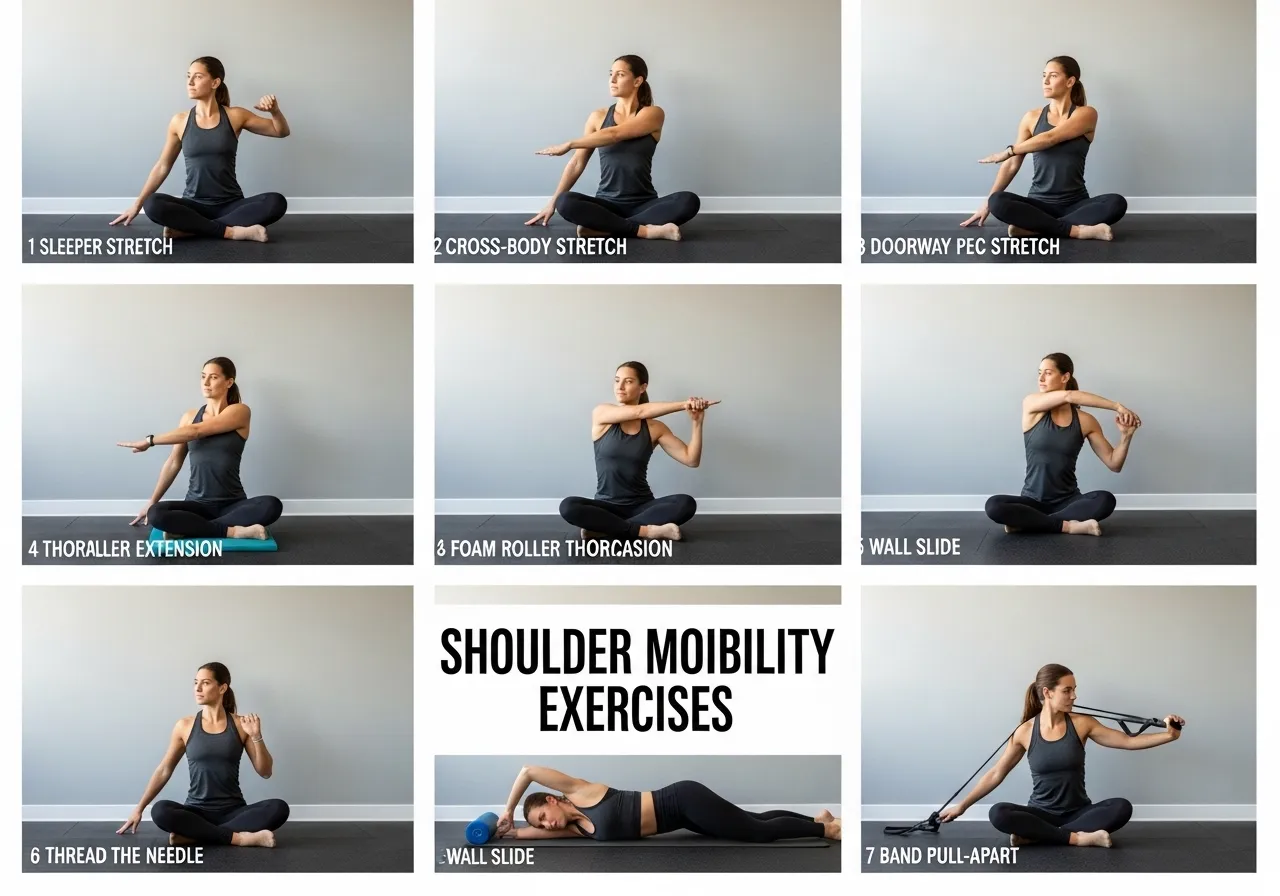 shoulder mobility exercises sleeper stretch cross body pectoral doorway foam roller wall slide band pull apart