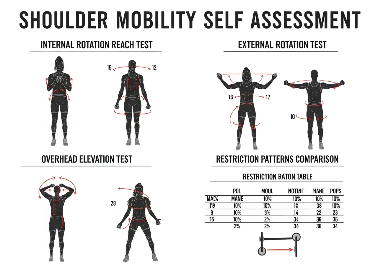 shoulder mobility self assessment 3 tests internal rotation external rotation overhead elevation restriction patterns diagnosis table