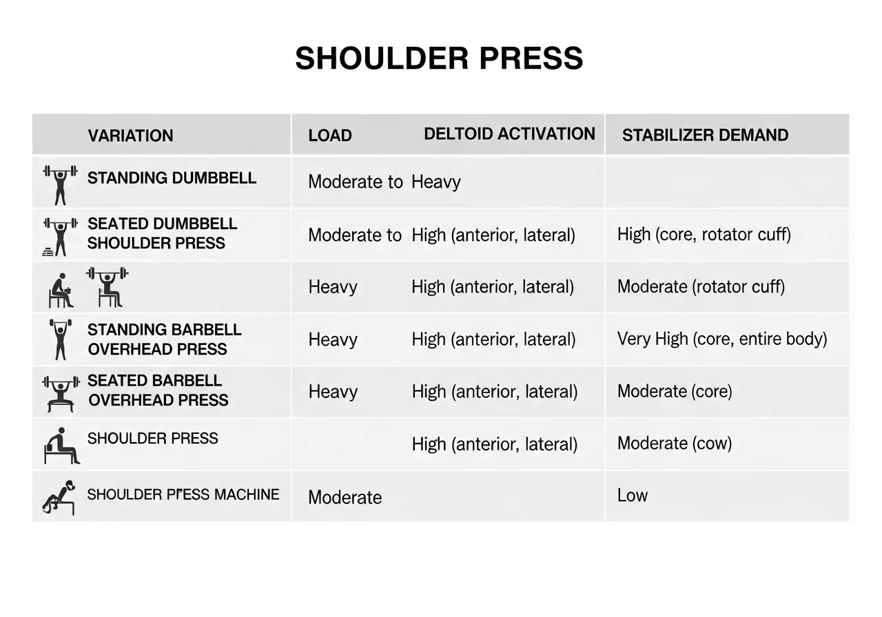 shoulder press variations dumbbell barbell machine standing seated comparison