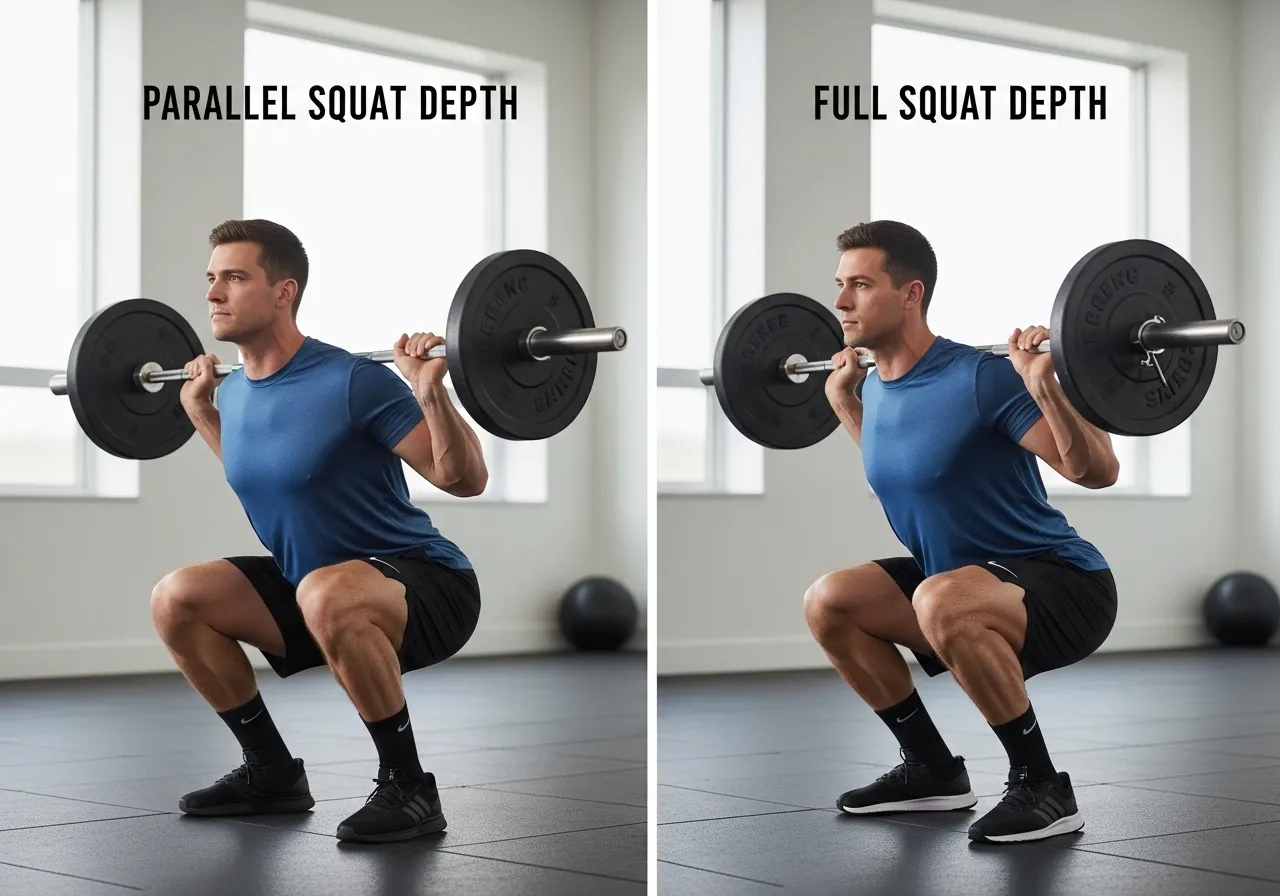 평행 스쿼트 깊이와 풀 ​​스쿼트 깊이를 나란히 비교하는 명확한 시각적 가이드, 체육관 환경, 중립적인 배경, 교육용 사진