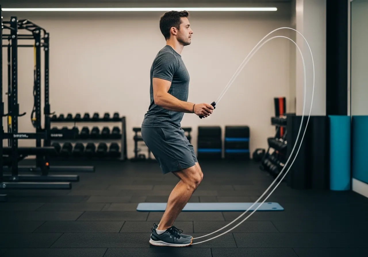 side view of athlete demonstrating perfect jump rope form, feet slightly apart, wrists rotating rope not arms, light on feet, instructional photography style, gym setting
