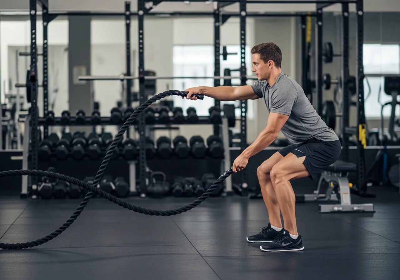 side view of athlete demonstrating proper battle rope alternating wave form, slight squat stance, arms alternating, instructional photography, gym background