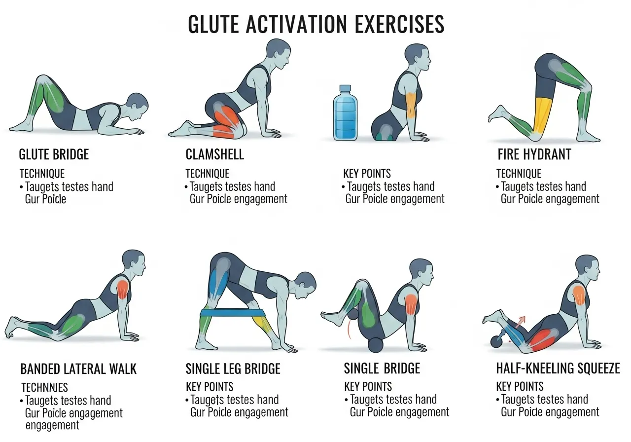 six glute activation exercises glute bridge clamshell fire hydrant banded lateral walk single leg squeeze