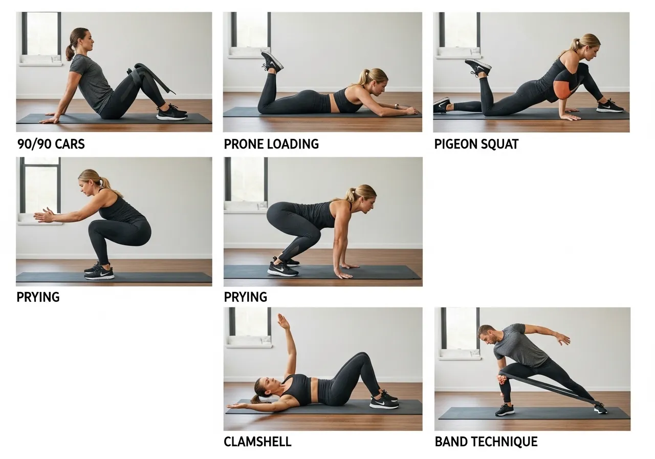 six hip rotation mobility exercises 90/90 CARs prone loading pigeon squat prying clamshell band technique