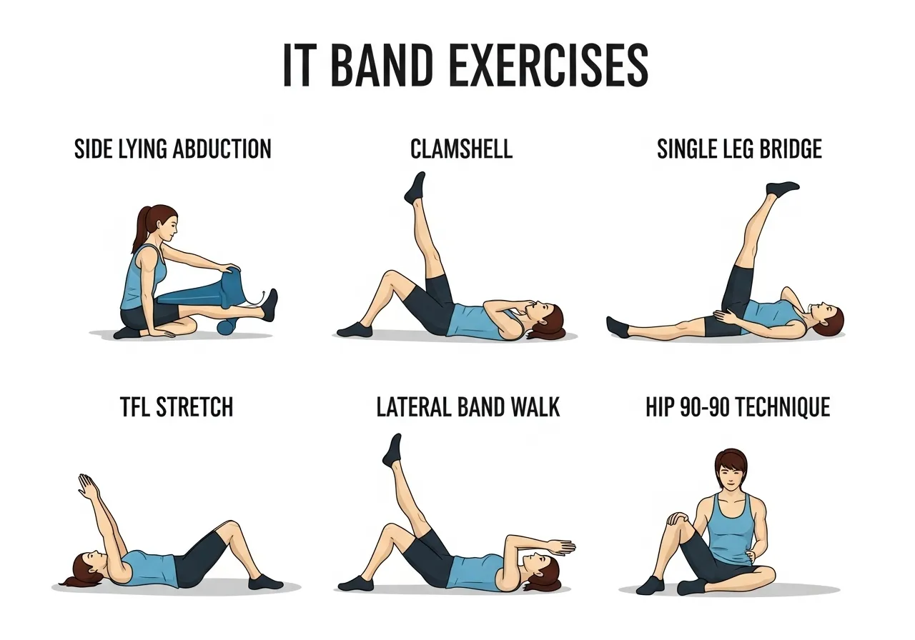 six IT band exercises side lying abduction clamshell single leg bridge TFL stretch lateral walk 90-90 stretch