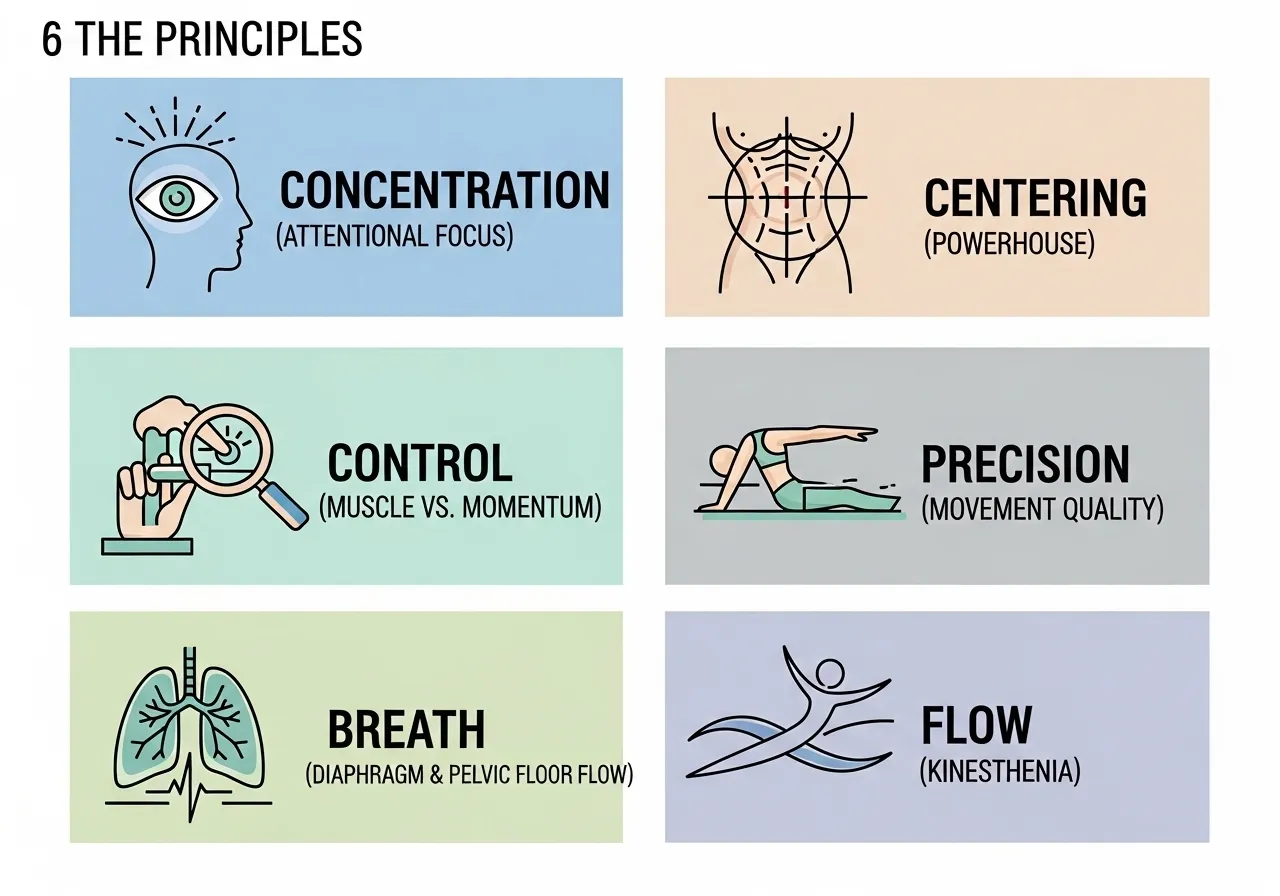 six Pilates principles concentration control centering precision breath flow neuromuscular