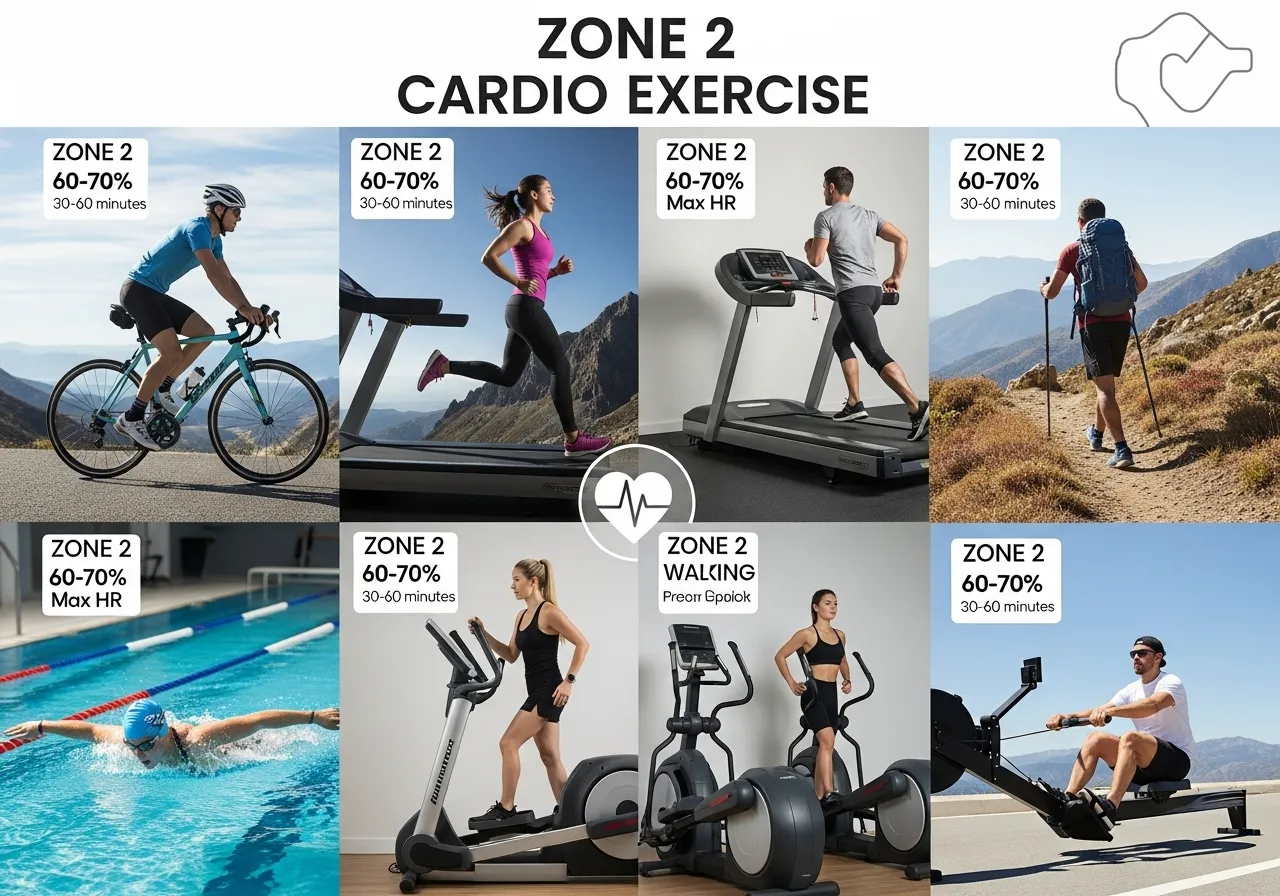 six zone 2 cardio exercises infographic showing cycling running brisk walking swimming elliptical rowing ergometer with intensity guide and talk test description