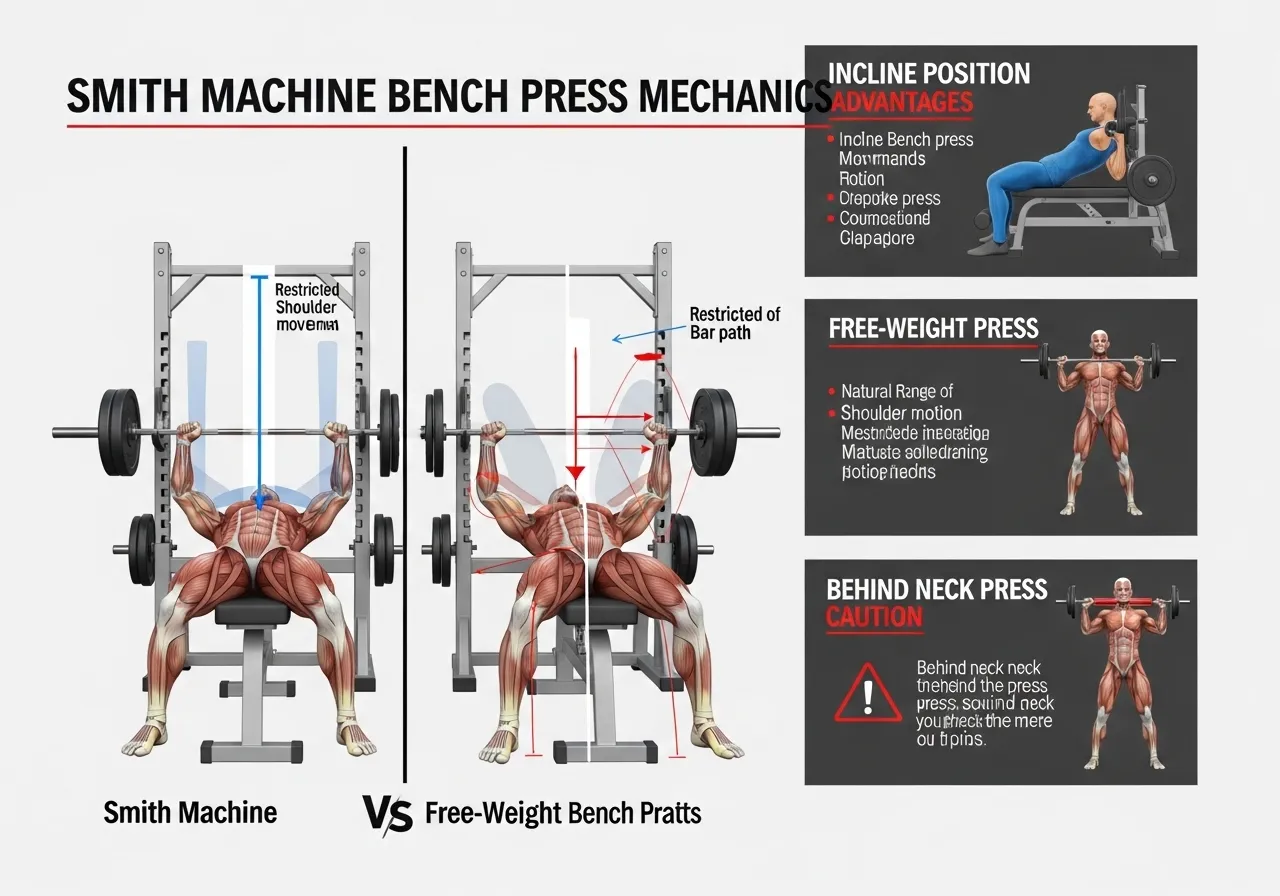 Smith machine bench press technique incline comparison free weight shoulder path