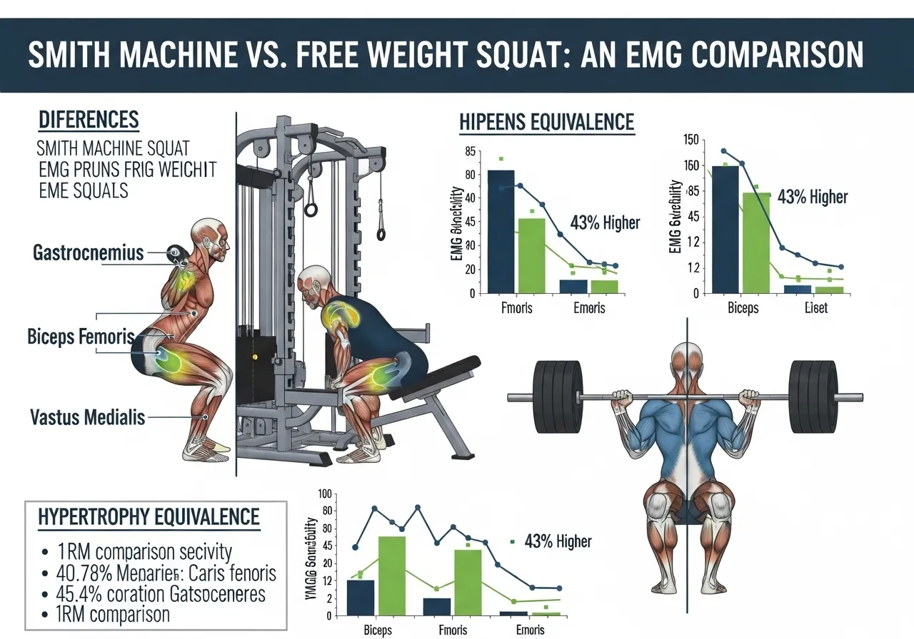 Smith machine squat free weight EMG comparison 43 percent activation difference research