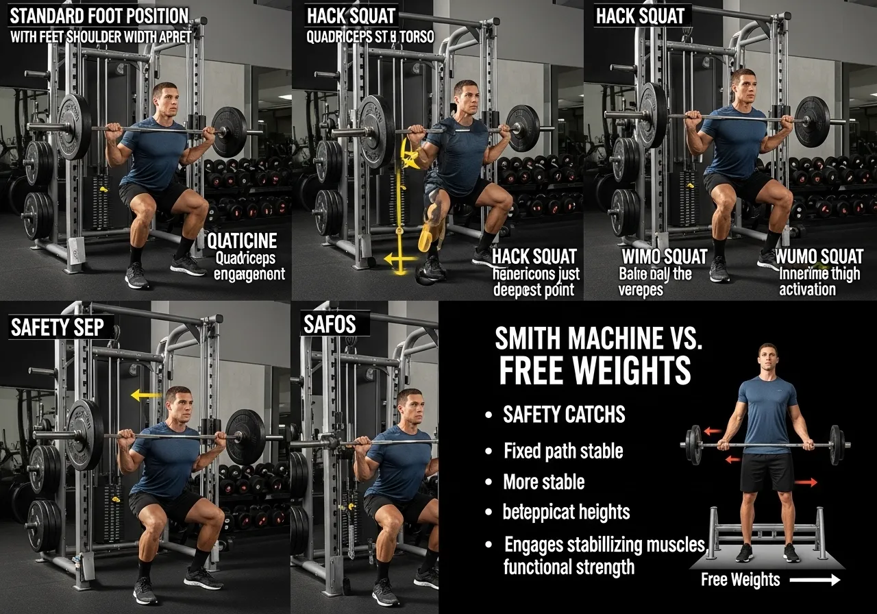Smith machine squat technique foot position forward standard wide stance mechanics