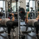 Dumbbell vs Barbell Bench Press: Which One Actually Builds More Chest Muscle? split image dumbbell bench press vs barbell bench press chest workout