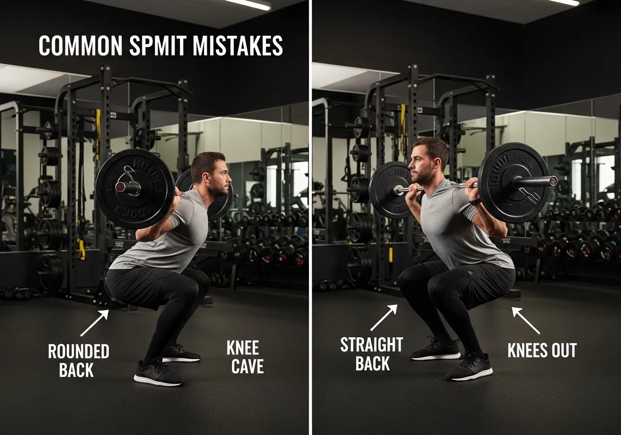 왼쪽은 흔히 저지르는 스쿼트 실수, 오른쪽은 올바른 자세를 보여주는 분할 이미지로, 굽은 등과 무릎이 안쪽으로 쏠리는 오류가 명확하게 보인다. 헬스장 환경에서 촬영된 교육용 사진이다.