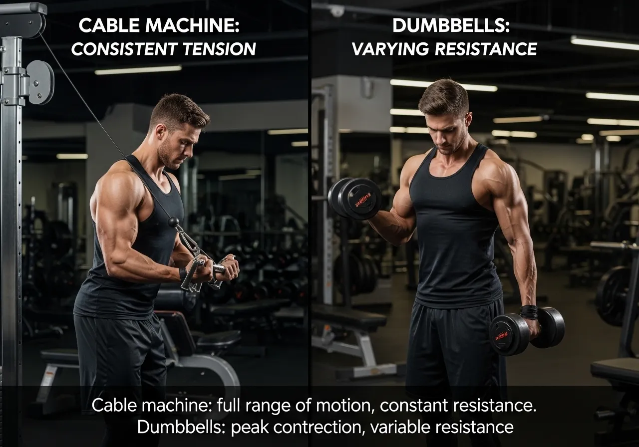 split image showing same exercise performed with cable machine left and dumbbells right, demonstrating difference in resistance curve and muscle engagement