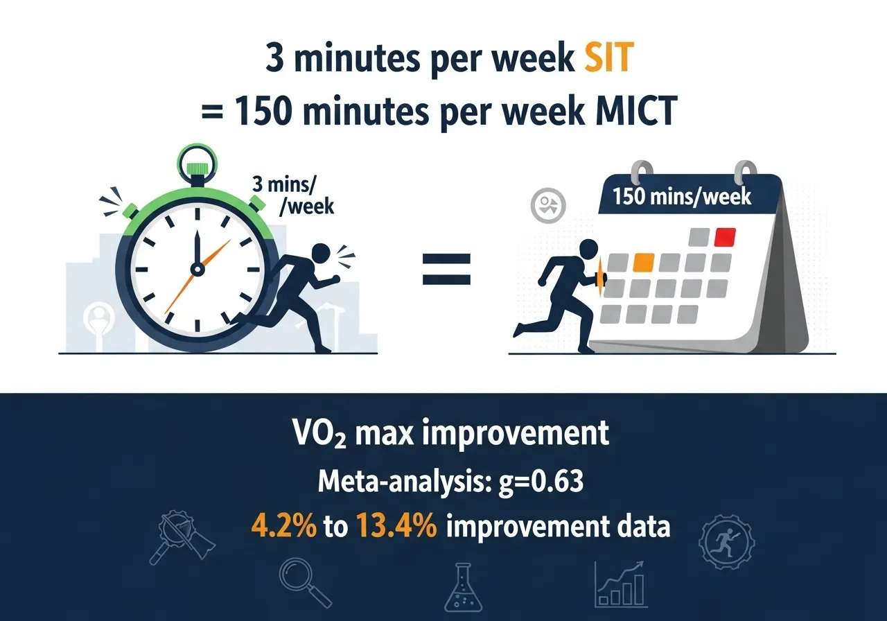 sprint interval training SIT research 3 minutes per week VO2 max MICT comparison McMaster meta-analysis