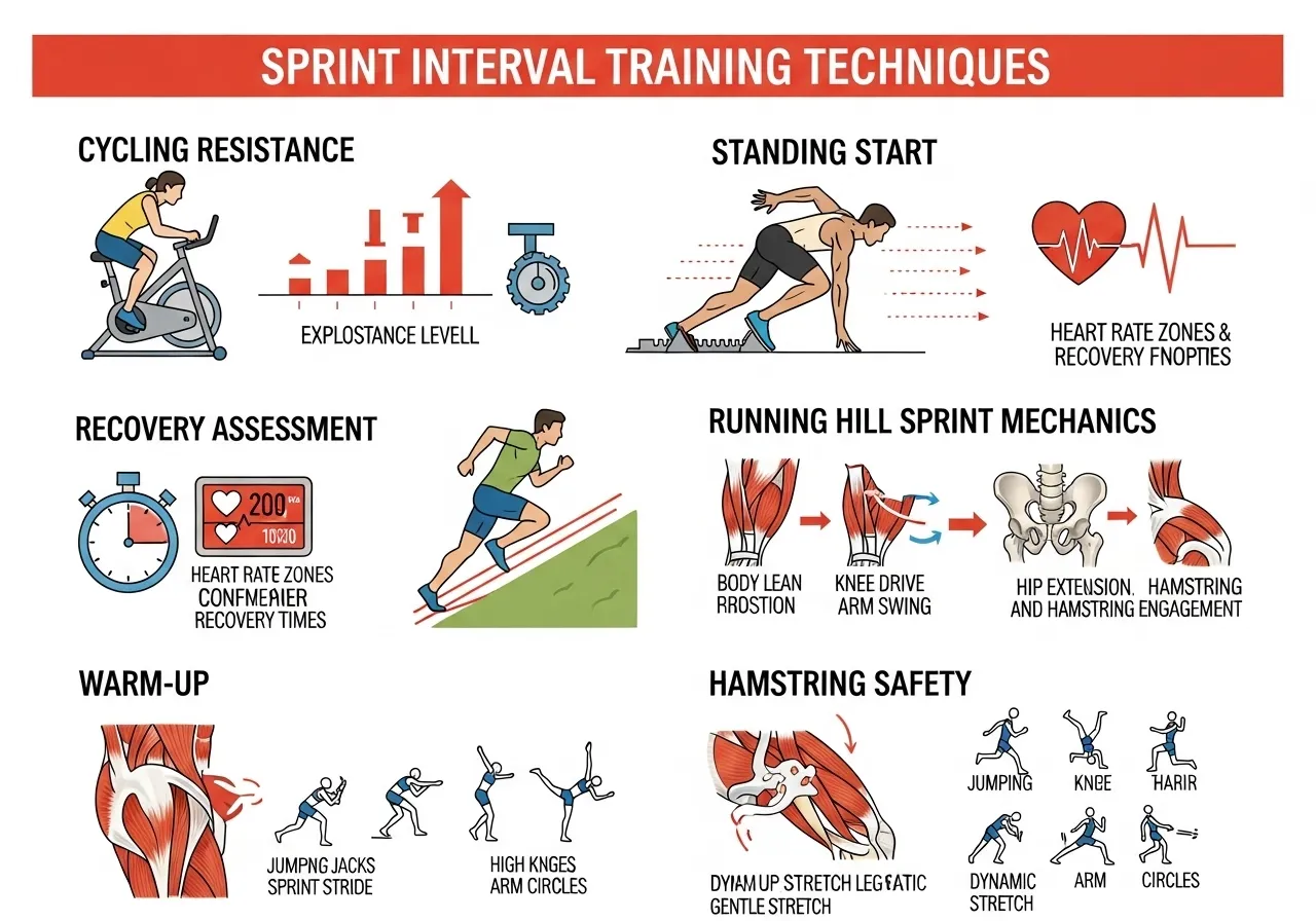 sprint interval training technique cycling running hill sprint mechanics hamstring safety warmup requirements