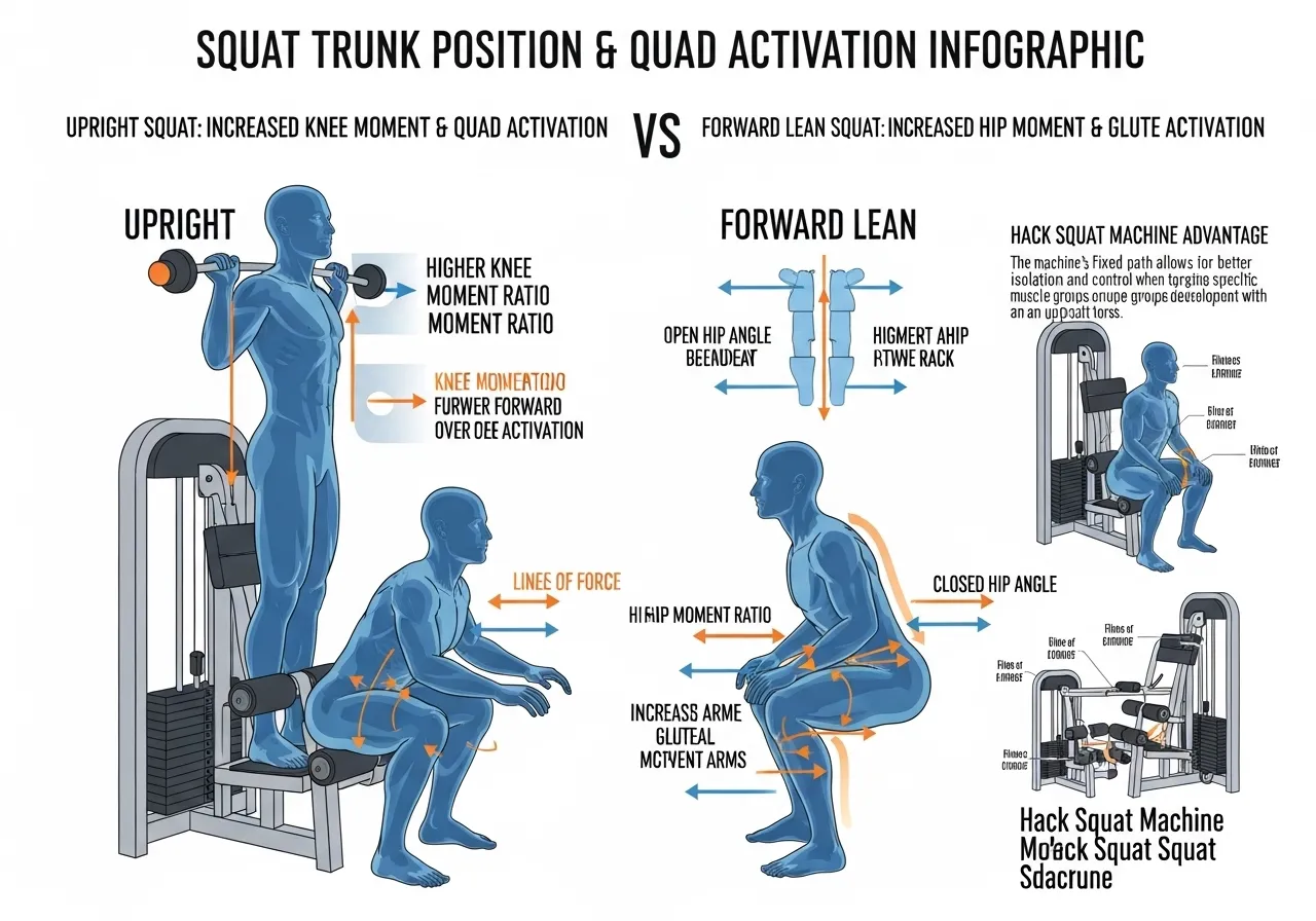 squat trunk position biomechanics infographic showing upright trunk greater knee flexion moment quad activation hack squat enforced upright position