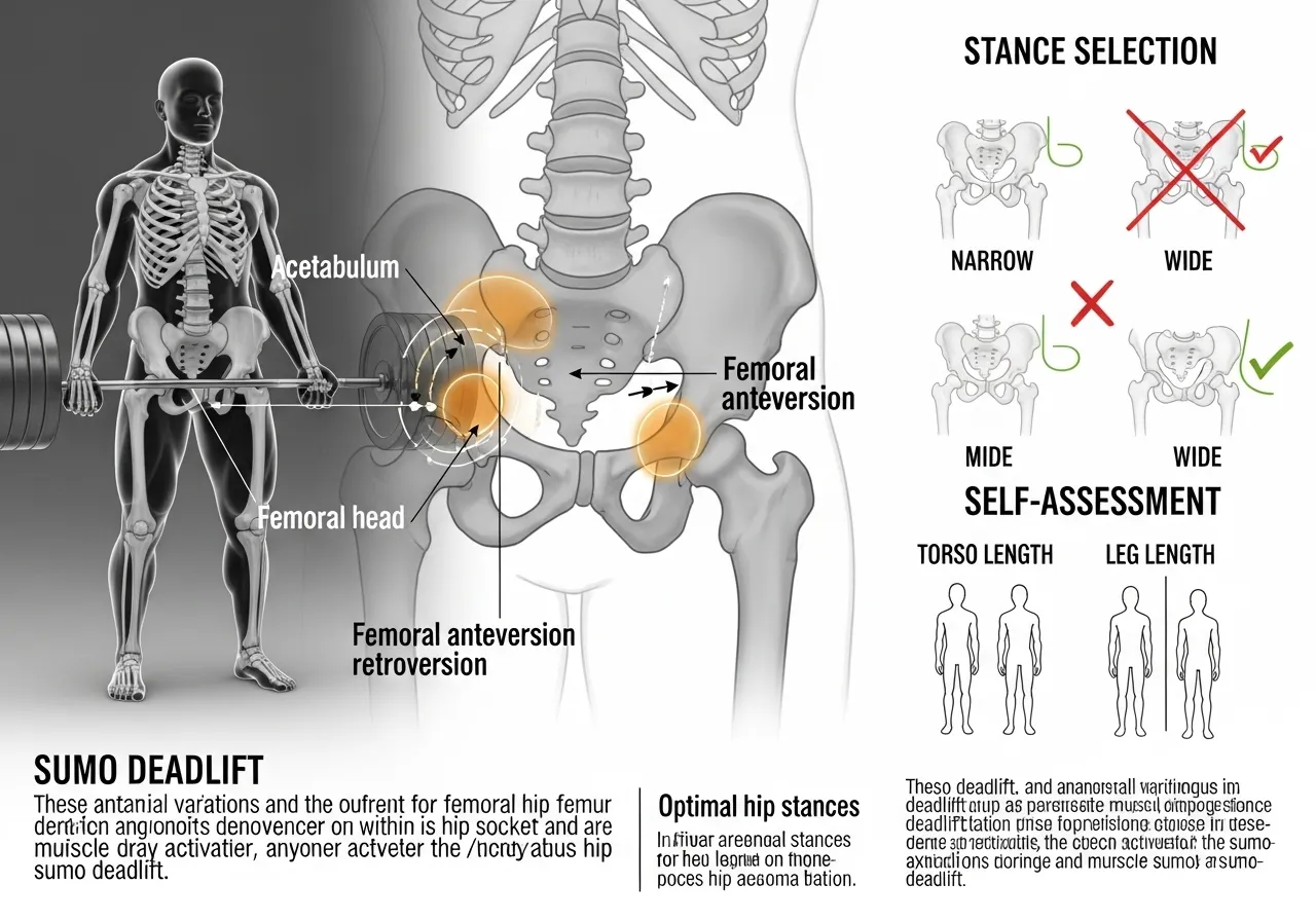 sumo deadlift anatomy hip socket acetabulum femoral anteversion retroversion stance selection self-assessment torso leg length
