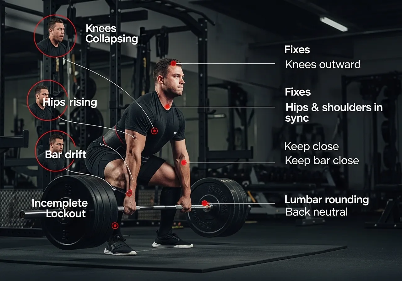 sumo deadlift five technique errors knees collapsing hips rising bar drift incomplete lockout lumbar rounding fixes