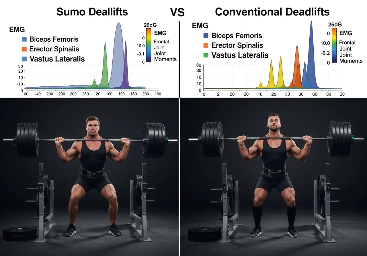 sumo vs conventional deadlift EMG biceps femoris erector spinae vastus lateralis frontal plane joint moments 2025 research