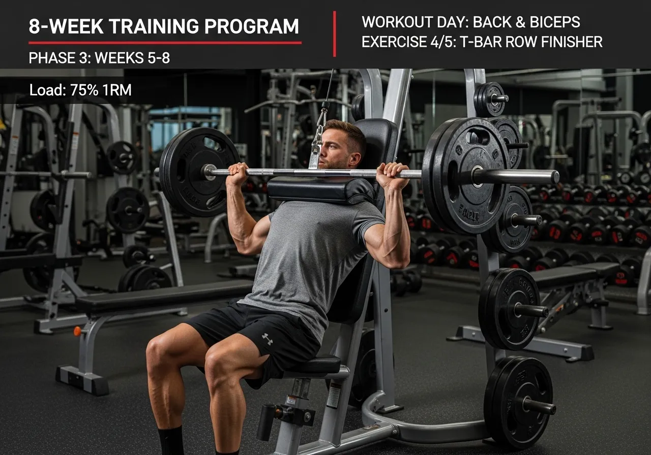 T-bar row programming session placement 8 week three phases load selection chest supported finisher
