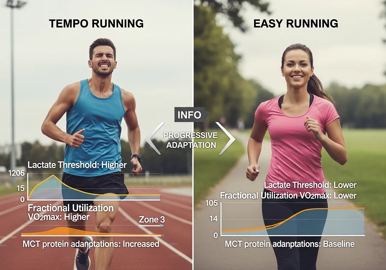tempo running vs easy running lactate threshold fractional utilisation VO2max zone 3 MCT protein adaptations