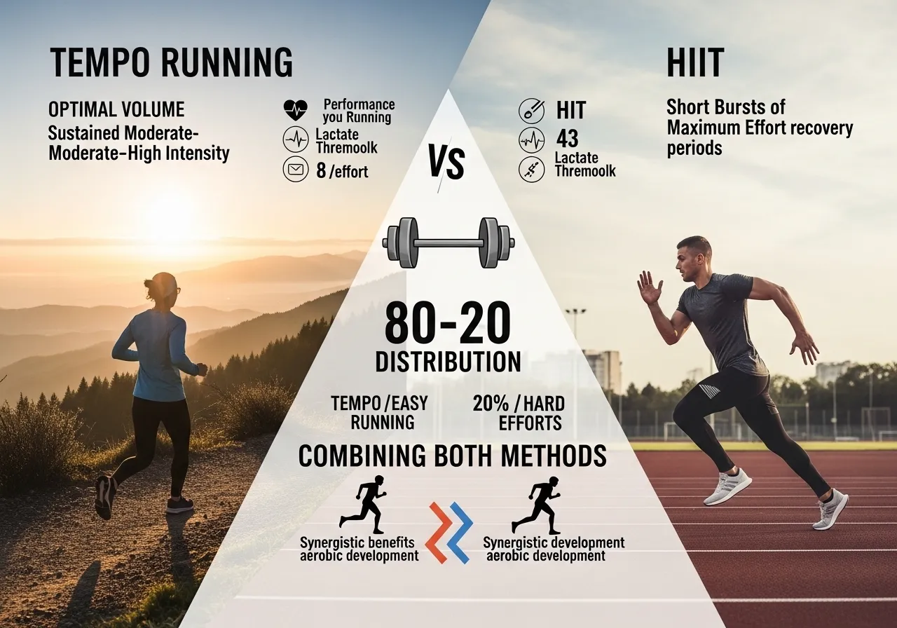 tempo running vs HIIT comparison aerobic development optimal volume 80-20 distribution combining both methods
