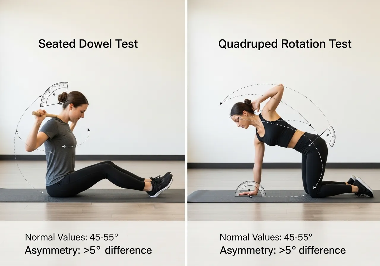 thoracic rotation self assessment seated dowel test quadruped rotation test normal values asymmetry differentiation
