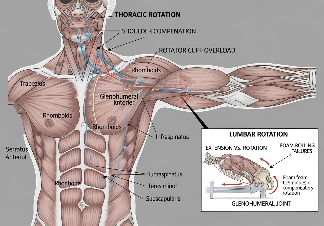 thoracic rotation shoulder compensation mechanism rotator cuff overload lumbar rotation foam rolling fails extension vs rotation