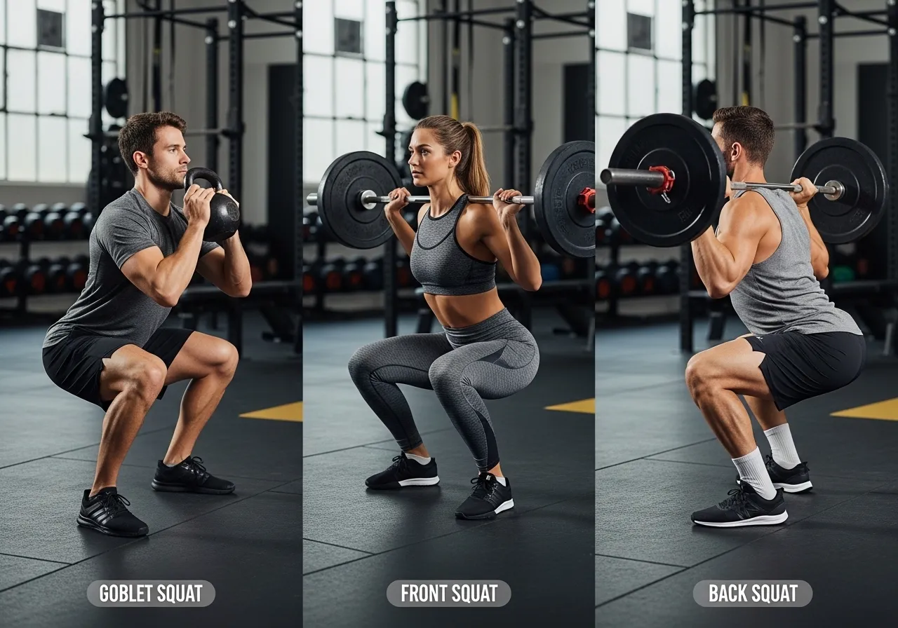 세 명의 운동선수가 고블릿 스쿼트, 프론트 스쿼트, 백 스쿼트의 다양한 변형 동작을 나란히 시연하는 모습. 비교 교육을 위한 사진 촬영, 배경: 체육관