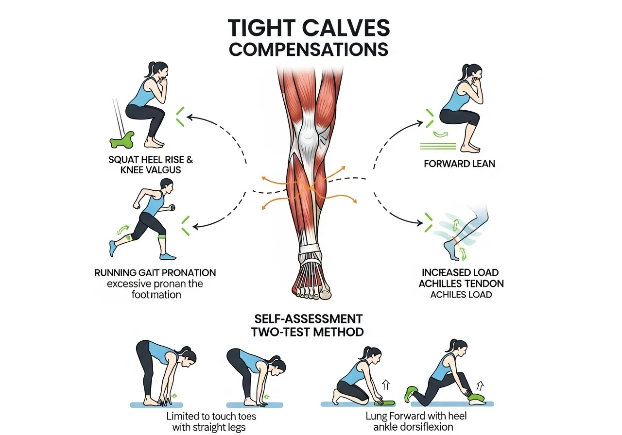 tight calves compensation squat heel rise knee valgus forward lean running gait pronation self assessment tests