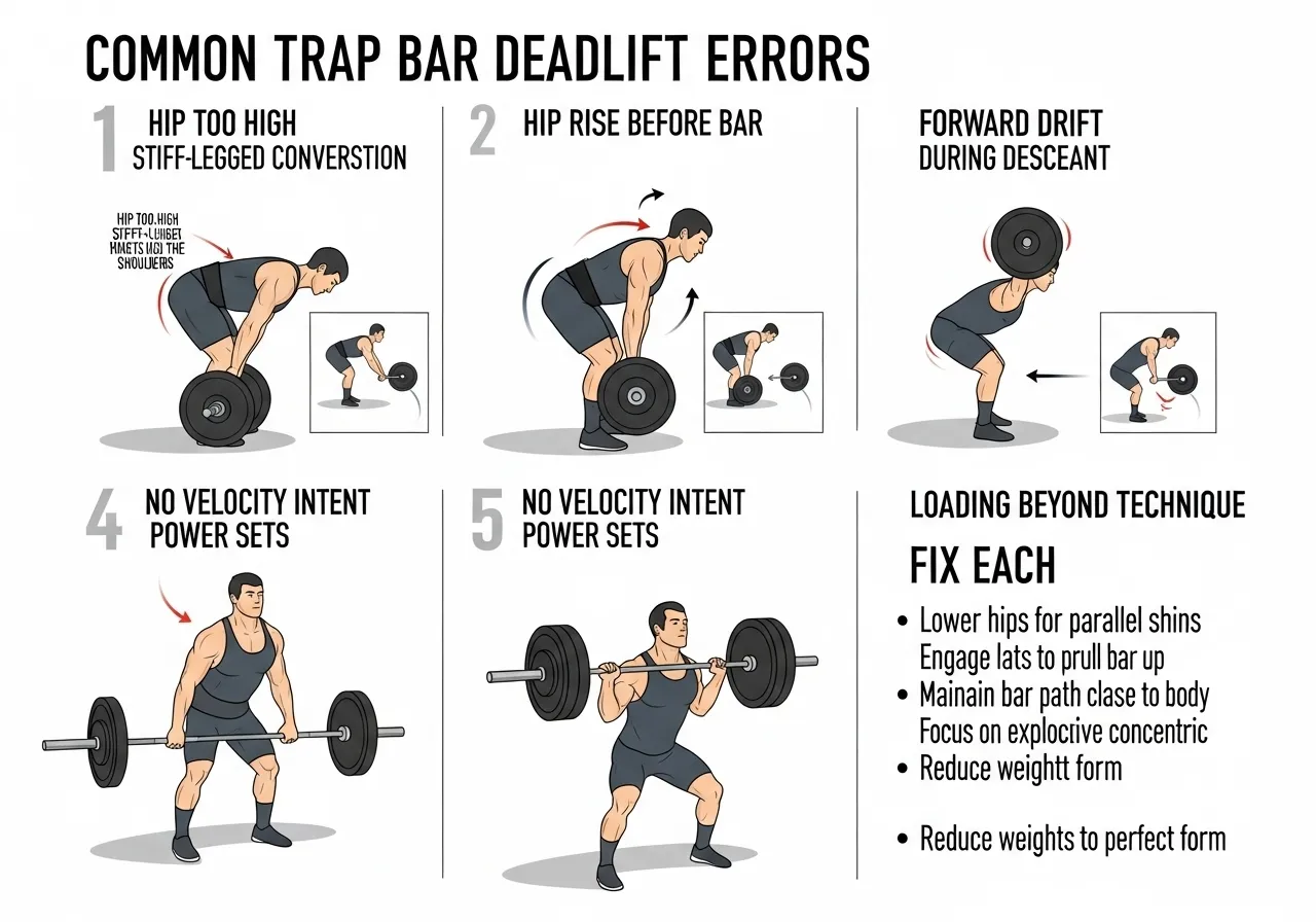 trap bar deadlift four errors hip too high hips rise before bar forward drift no velocity intent loading too fast