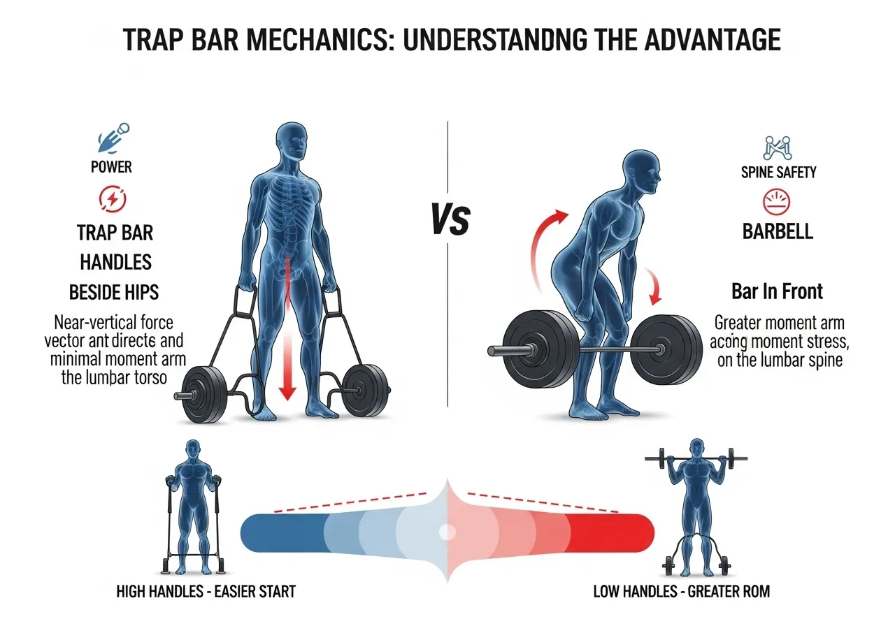 trap bar deadlift myth easier conventional mechanical basis moment arm power output high vs low handles