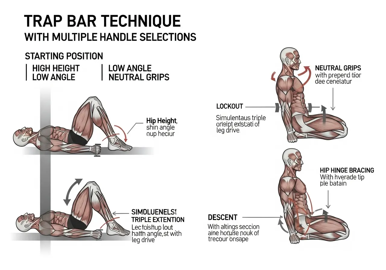 trap bar deadlift technique high low handles starting hip height leg drive lockout descent bracing