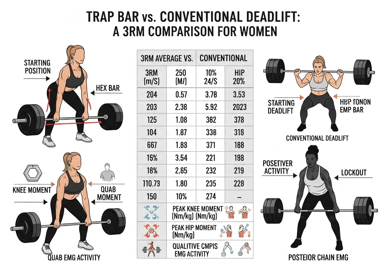 trap bar vs conventional EMG kinematics power output research women comparison lumbar spine load reduction table